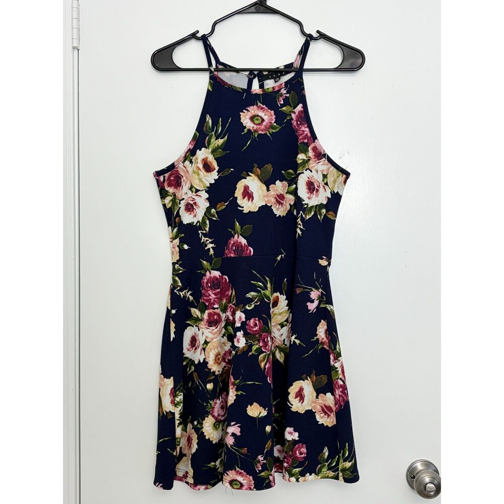 Snap Navy Blue Pink Floral Print Sleeveless Fit & Flare Skater Mini Dress